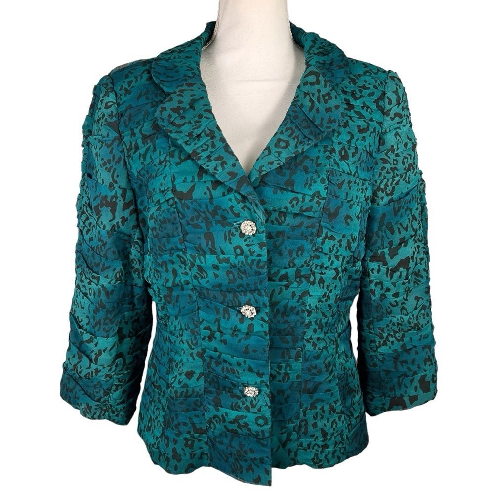 Silk Jacket Rhinestone Buttons Ruched Leopard 12 Teal Black Michelle Antonelli